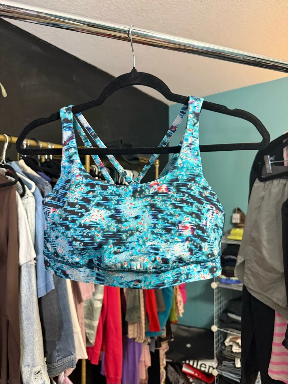 Lululemon Energy Sports Bra Blue Abstract Print Strappy Back Size 10